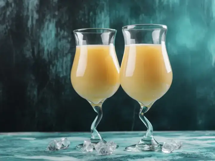 Dwa kieliszki z kremowym drinkiem z likieru bananowego, ozdobione kostkami lodu na turkusowym blacie.