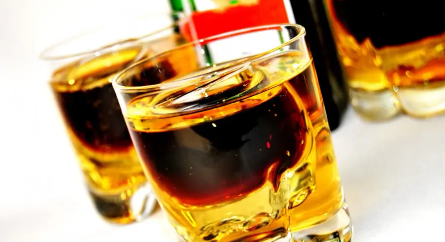 Dwa kieliszki z warstwowym drinkiem Jägermeister i Red Bull. Butelka Jägermeister w tle.