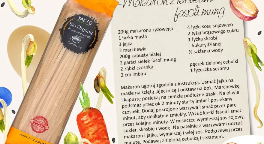 Makaron z kiełkami fasoli mung, czyli zdrowa alternatywa dla tradycyjnych dań. Opakowanie makaronu ryżowego Bio Organic.