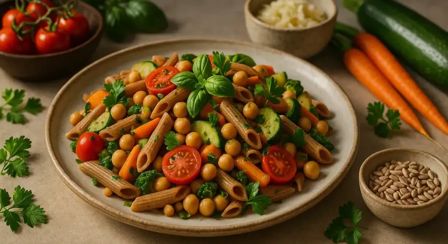 Kolorowy makaron penne z ciecierzycą, pomidorkami, cukinią i marchewką. Idealny przepis na Pasta Primavera.