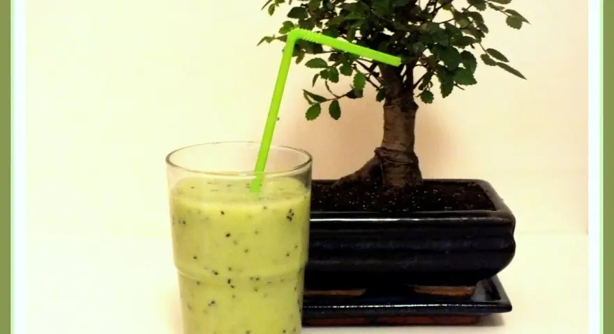 Orzeźwiający koktajl z kiwi i banana, z zieloną słomką, obok miniaturowego drzewka bonsai.
