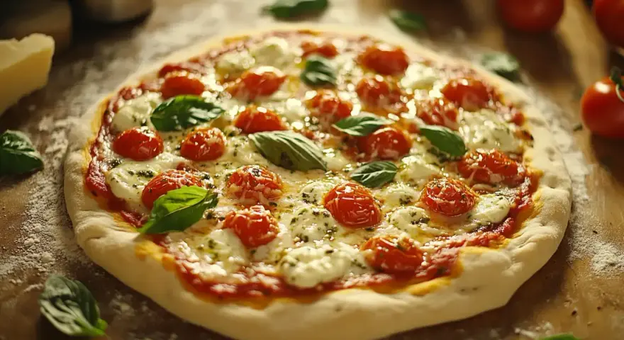 Pyszna Pizza Margherita przepis: świeże pomidorki, mozzarella, bazylia i sos pomidorowy na chrupiącym cieście.