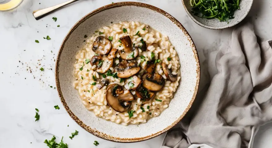 Kremowe risotto z grzybami, pachnące ziołami, czeka na Ciebie. Czy wolisz je od Paelli z owocami morza?