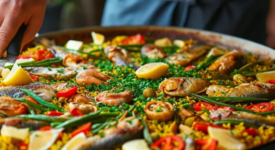 Pyszna paella z owocami morza i rybą, gotowa do podania. Ten przepis na paellę zachwyci każdego!
