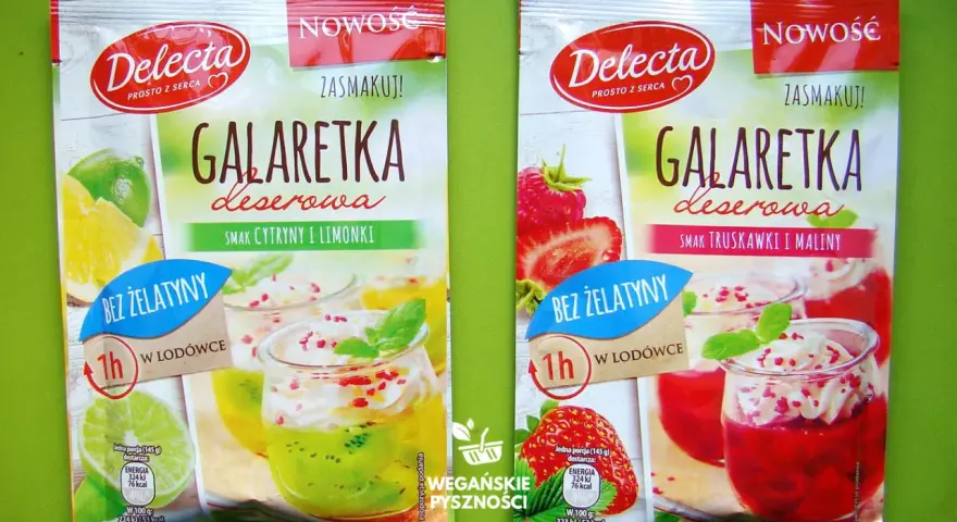 Wegańska galaretka Delecta, smak cytryny i limonki lub truskawki i maliny. Gdzie kupić? Pyszne desery bez żelatyny.