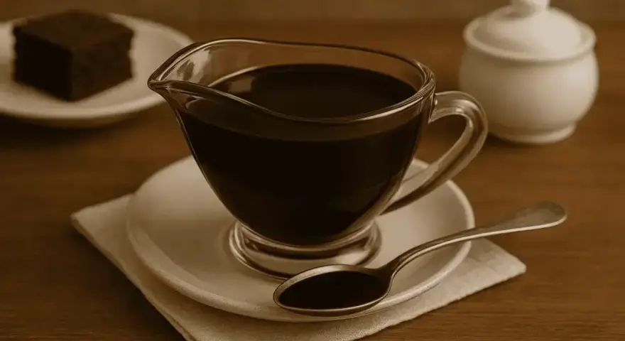 Pyszny, domowy sos czekoladowy z kakao. Idealny do ciasta brownie, które widać na talerzyku obok.
