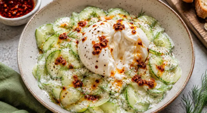 Kremowa burrata na mizerii z ogórków z koperkiem i pikantnym sosem. Idealne na lekki obiad.