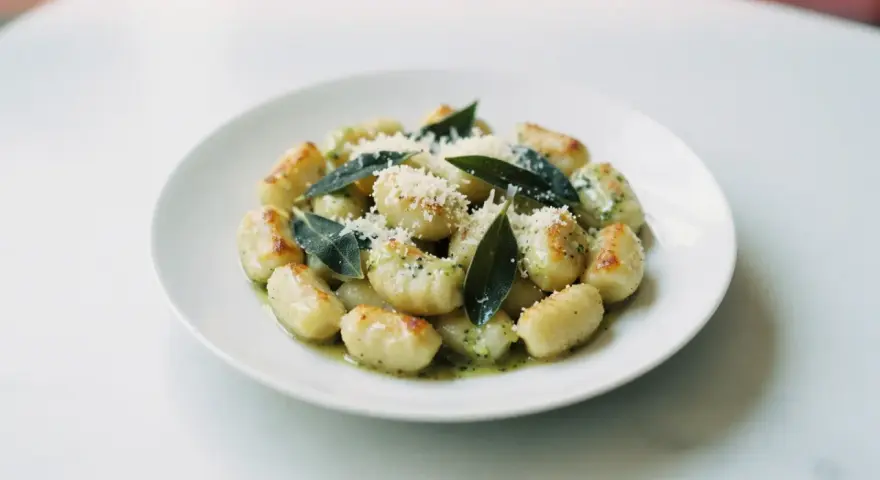 Gnocchi z masłem i szałwią przepis. Pyszne, złociste kluseczki ziemniaczane, polane aromatycznym sosem z masła i szałwii, posypane parmezanem.