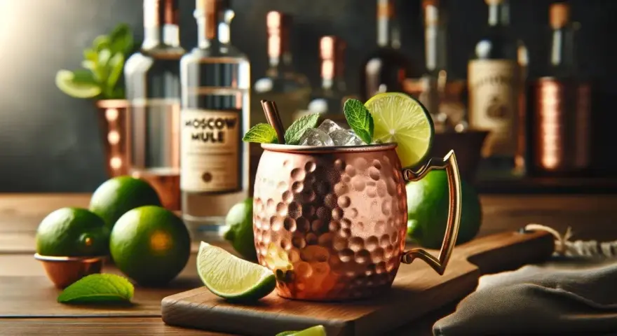 Orzeźwiający Moscow Mule w miedzianym kubku, z limonką i miętą. Idealny wybór zamiast Dark 'n' Stormy.