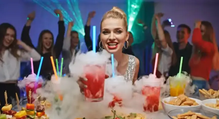 Dymiący drink przepis na imprezę. Kobieta z drinkiem w dymie, ludzie tańczą w tle.