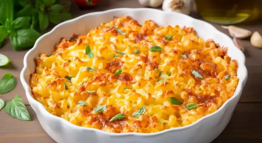 Pyszne Mac and Cheese w białej naczyniu, idealne na obiad. Ten przepis na Mac and Cheese zachwyci każdego!