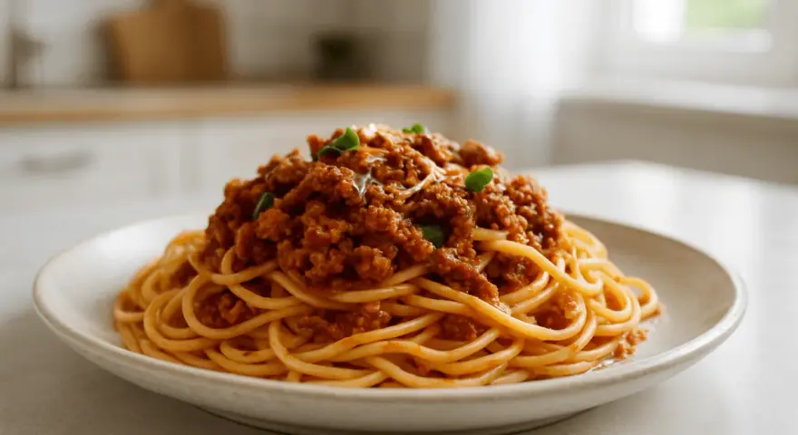 Pyszne Spaghetti Bolognese przepis na talerzu, z bogatym sosem mięsnym i świeżą bazylią. Idealne danie dla całej rodziny.