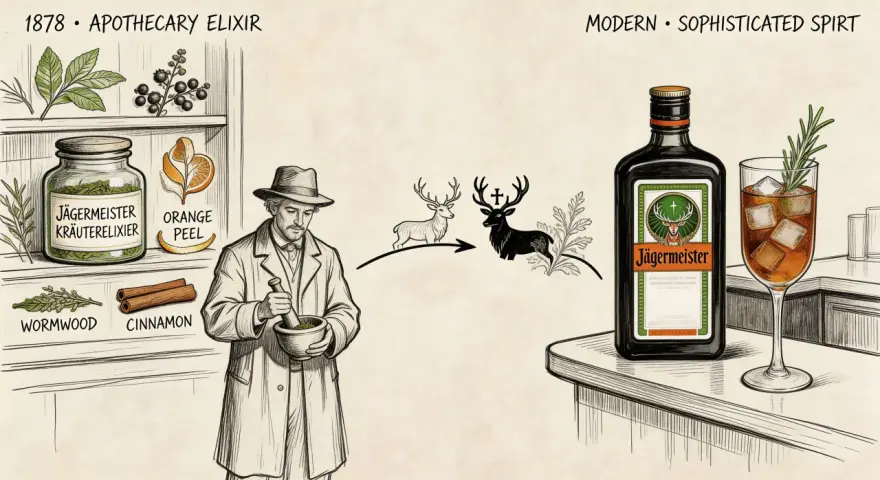 Ilustracja przedstawia ewolucję Jägermeistera: od aptekarza z ziołami do butelki i drinka z colą.