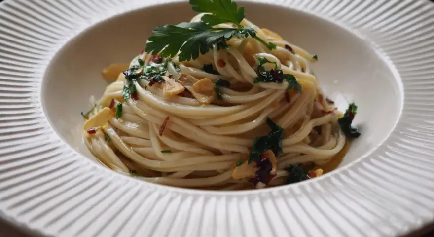 Pyszny domowy makaron z czosnkiem, chili i natką pietruszki. Idealny przepis na szybki obiad.