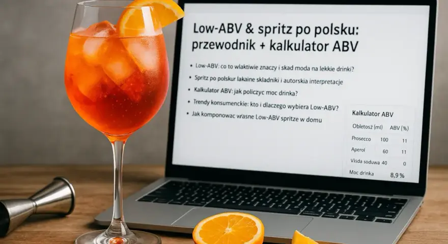 Kalkulator ABV na ekranie laptopa pokazuje, jak obliczyć ile procent ma drink. Obok Aperol Spritz i pomarańcze.