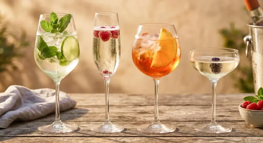 Orzeźwiający drink z Prosecco i malinami obok Aperol Spritz, a dalej drink z Cavą i jeżyną. Idealne na letnie popołudnie.