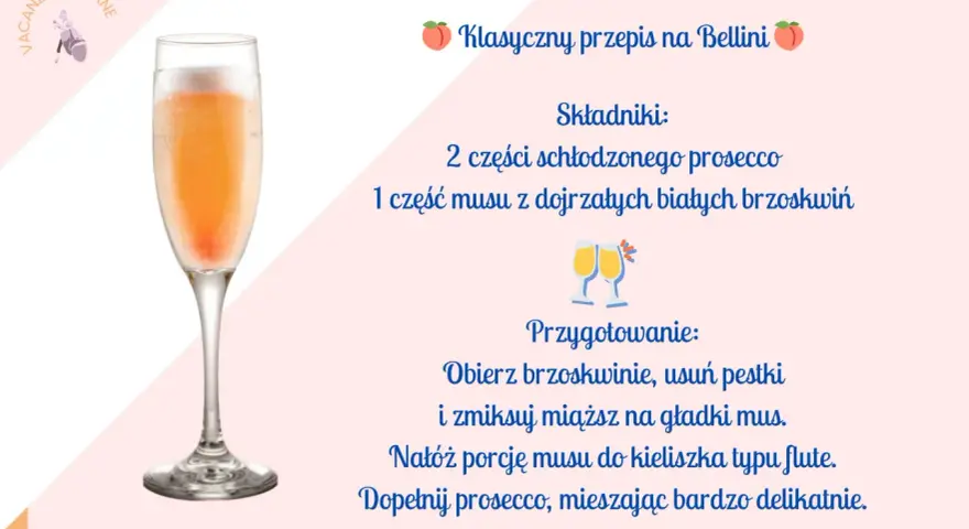 Klasyczny przepis na Bellini: schłodzone prosecco i mus z brzoskwiń w kieliszku flute. Idealny na letnie popołudnie.