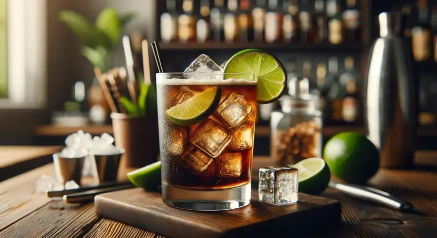 Idealne cuba libre składniki: rum, cola, lód i limonka. Orzeźwiający drink na upalne dni.