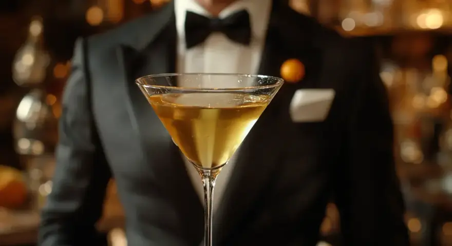 Elegancki mężczyzna w smokingu podaje idealnie zmieszane martini. Dowiedz się, jak zrobić martini, by poczuć się jak w najlepszym barze.