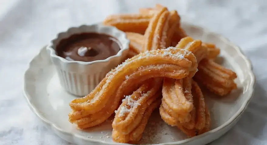 Churros przepis: złociste, chrupiące paluszki posypane cukrem, podane z miseczką gorącej czekolady. Idealne na deser!