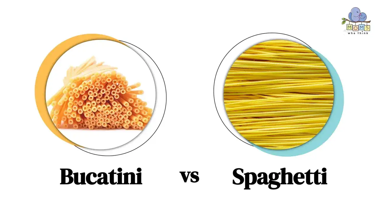 Bucatini vs spaghetti: porównanie makaronów. Po lewej bucatini z dziurką w środku, po prawej gładkie spaghetti.