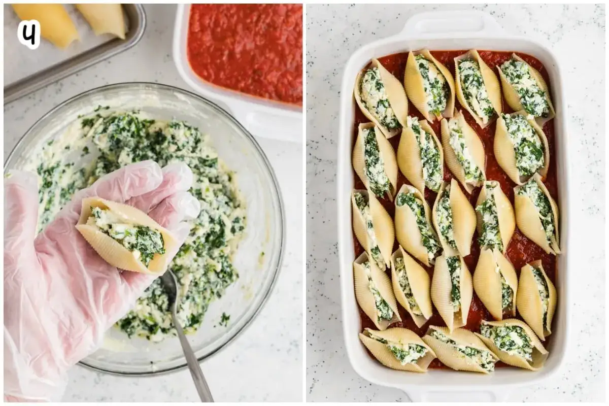 Nadziewanie conchiglioni farszem serowo-szpinakowym. Makaron w kształcie muszelek gotowy do pieczenia w sosie pomidorowym.