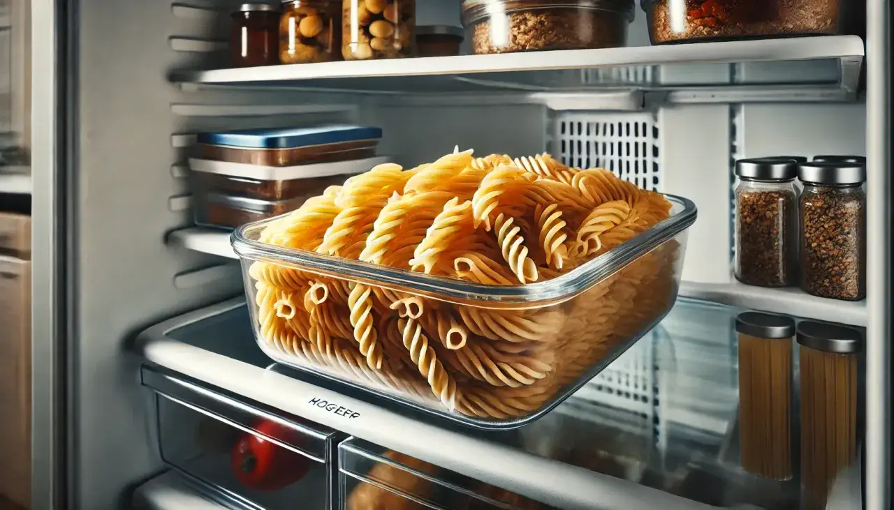 Szklane naczynie pełne makaronu fusilli w lodówce. To świetny sposób, jak zamrozić ugotowany makaron na później.