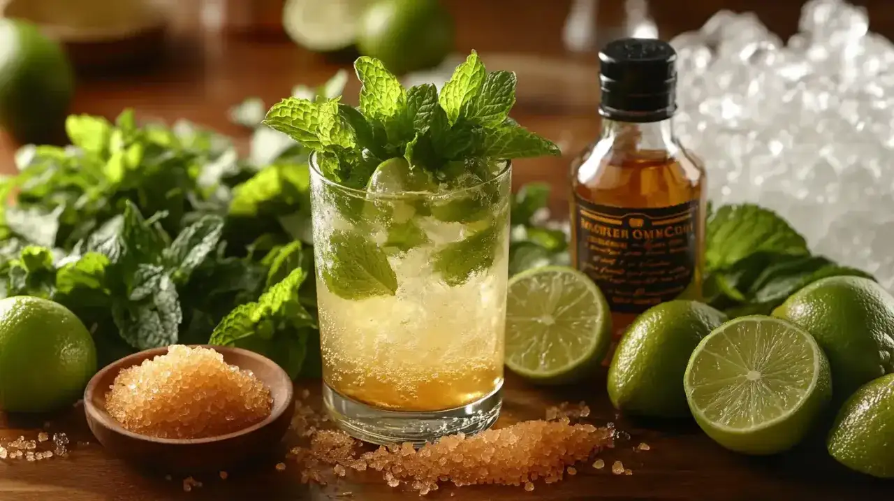 Orzeźwiające drinki mojito przepis: szkło z lodem, miętą i limonką, obok rum, cukier i świeże owoce.
