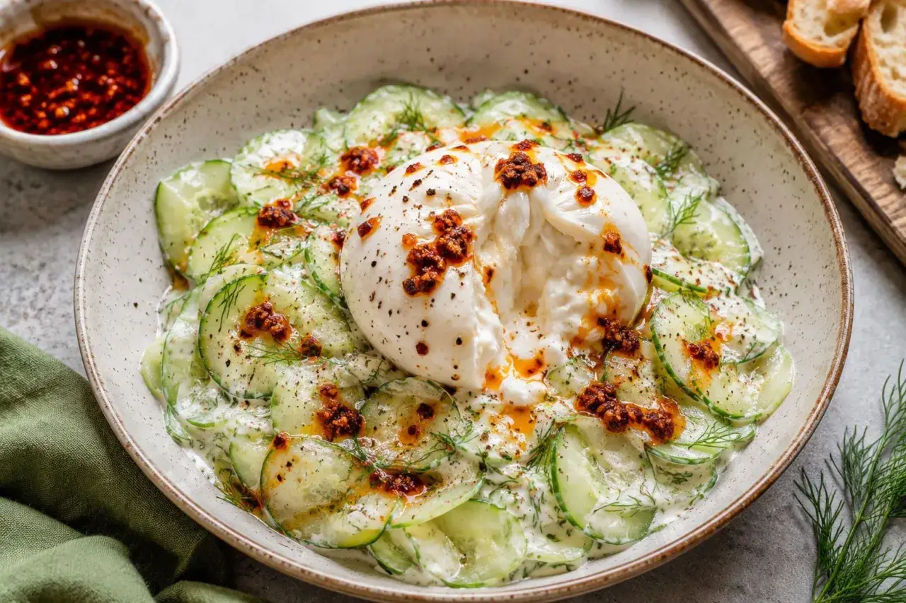 Kremowa burrata na plasterkach ogórka z koperkiem i pikantnym sosem. Idealne danie, gdy masz ochotę na mizerię na obiad.