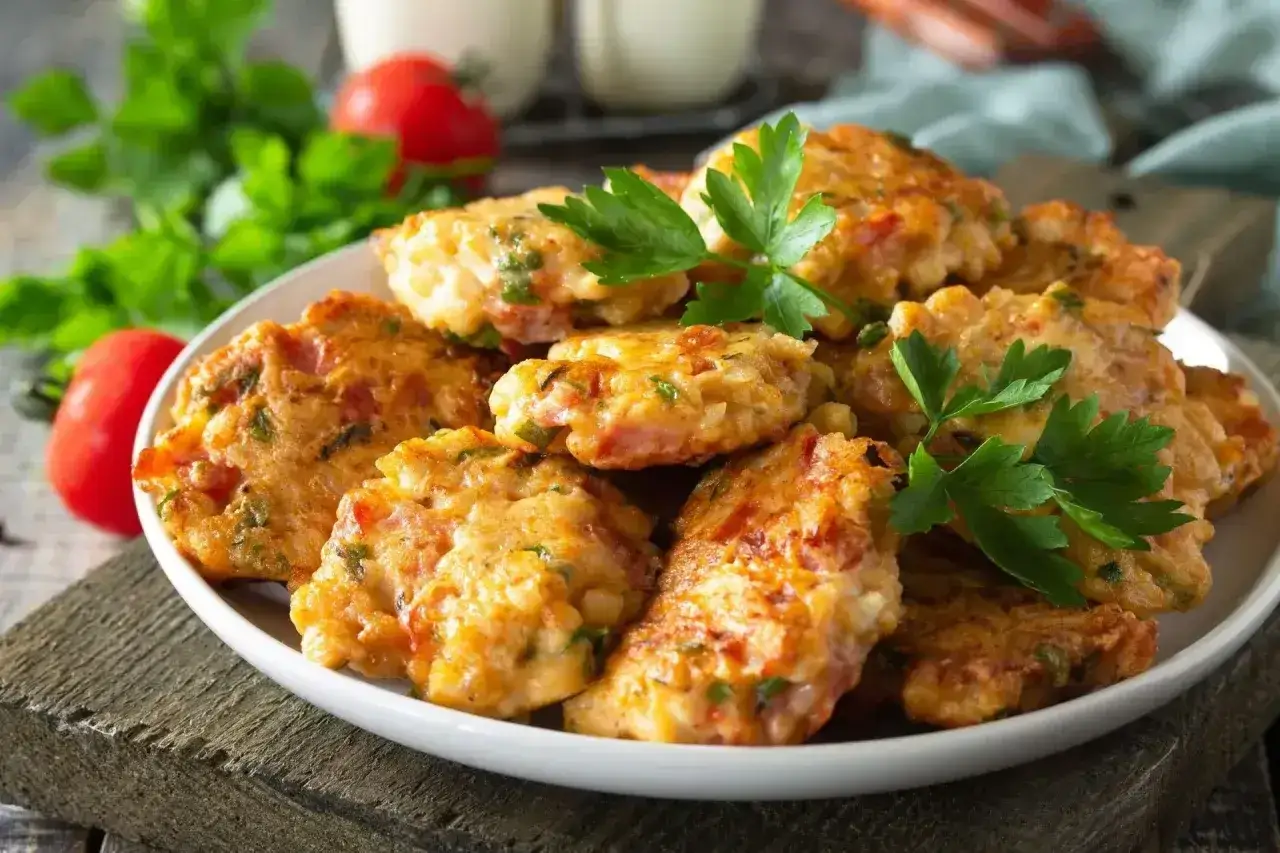 Placuszki z resztek pieczonego kurczaka z pomidorami i natką pietruszki. Idealne, by dowiedzieć się, co zrobić na obiad z resztek pieczonego kurczaka.