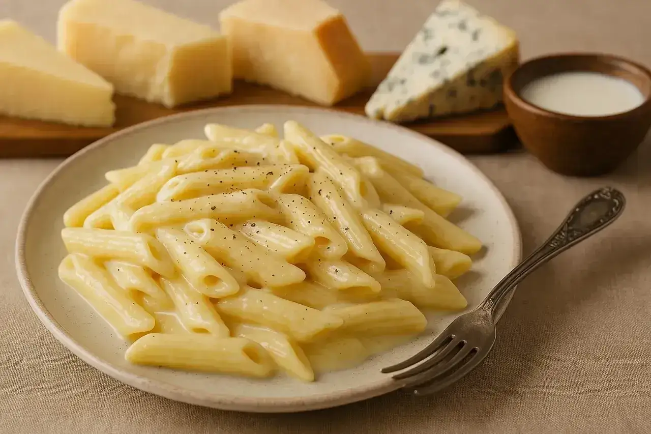 Penne z kremowym sosem serowym, posypane pieprzem. W tle kawałki parmezanu, sera pleśniowego i mleko. Idealne danie dla miłośników serowych smaków.