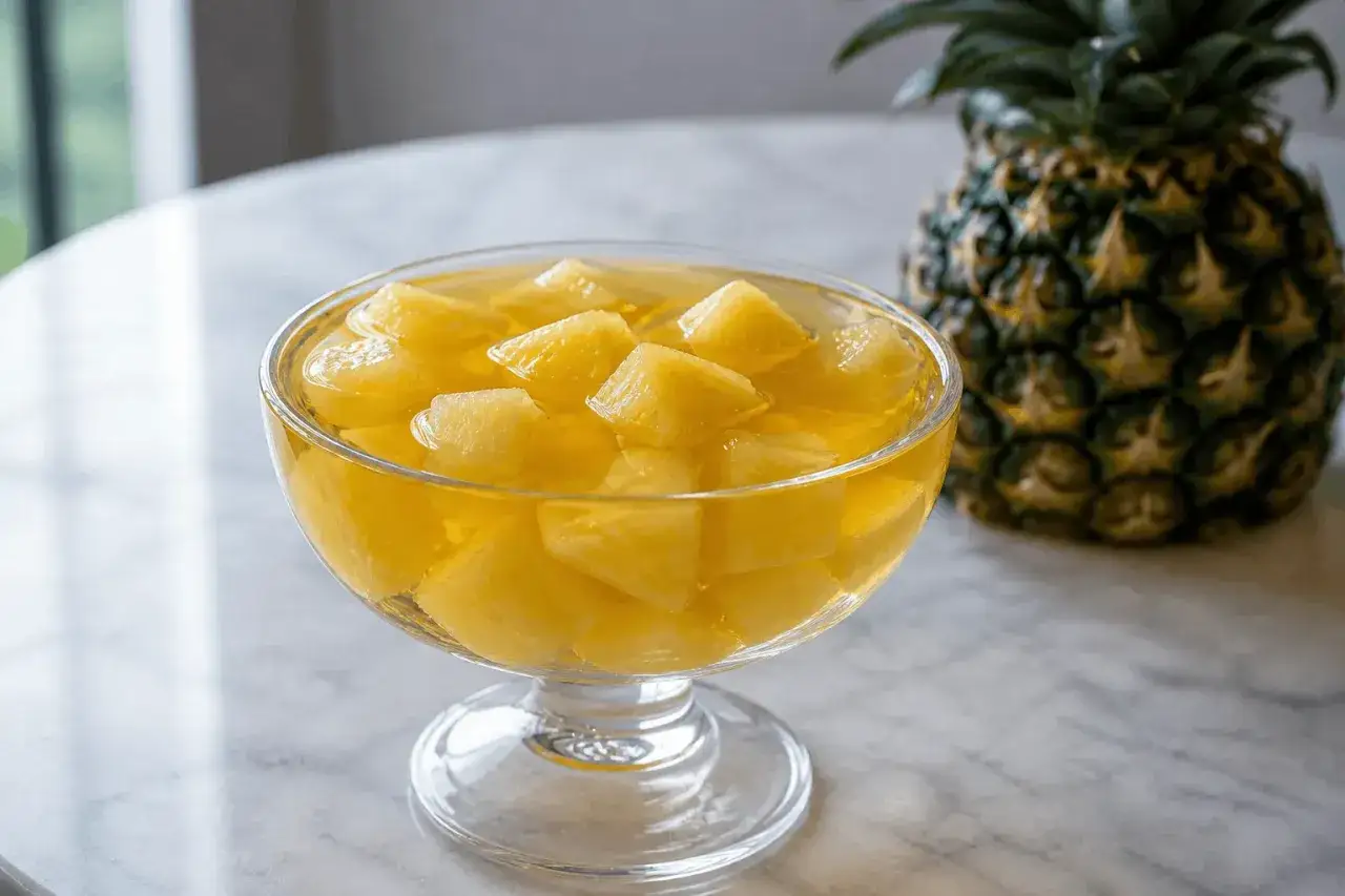 Galaretka z ananasem w pucharku. Ananas to jeden z owoców, z jakimi galaretka nie tężeje.