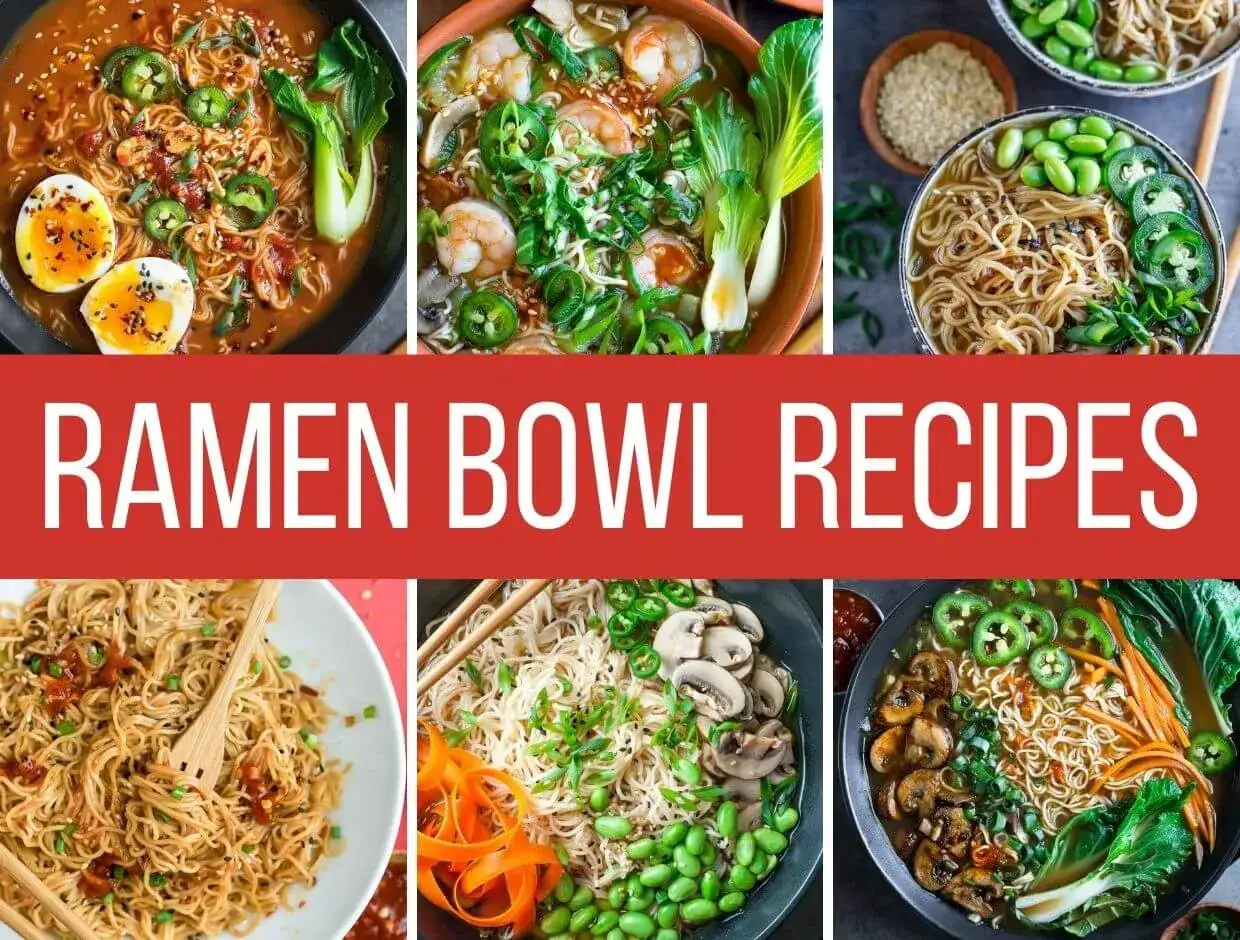 Ramen przepis: sześć apetycznych misek z makaronem, jajkiem, krewetkami, warzywami i grzybami. Idealne inspiracje na pyszny obiad.