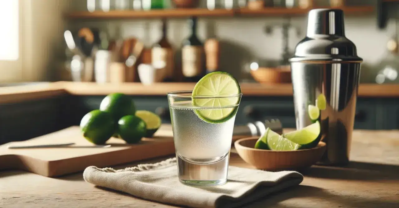 Przepis na kamikaze drink: kieliszek z drinkiem, limonki, shaker i deska do krojenia. Idealny na imprezę!