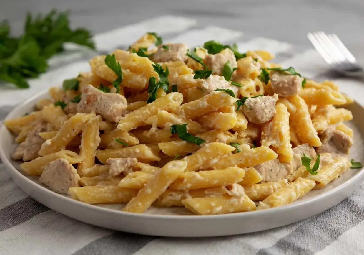 Penne rigate z kurczakiem w kremowym sosie, posypane natką pietruszki. Idealne danie na szybki obiad.