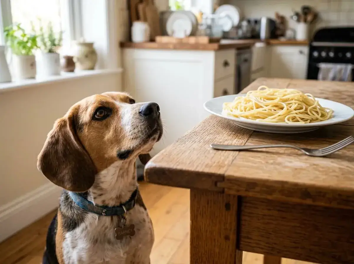 Beagle patrzy z nadzieją na talerz spaghetti. Czy pies może jeść makaron? To pytanie zadaje sobie każdy właściciel czworonoga.
