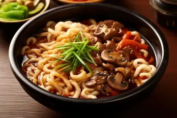Miseczka z makaronem udon, grzybami, mięsem i szczypiorkiem. Czy to makaron udon mrożony czy suszony, smakuje wyśmienicie!