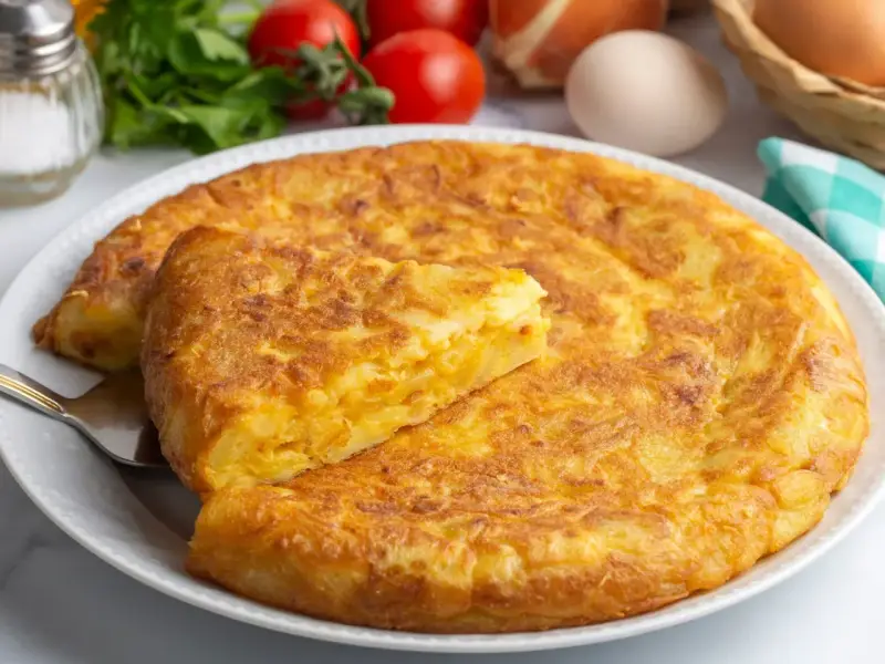 Złocista tortilla ziemniaczana, idealna na szybki obiad z niczego. Na talerzu, obok pomidorów i jajek.
